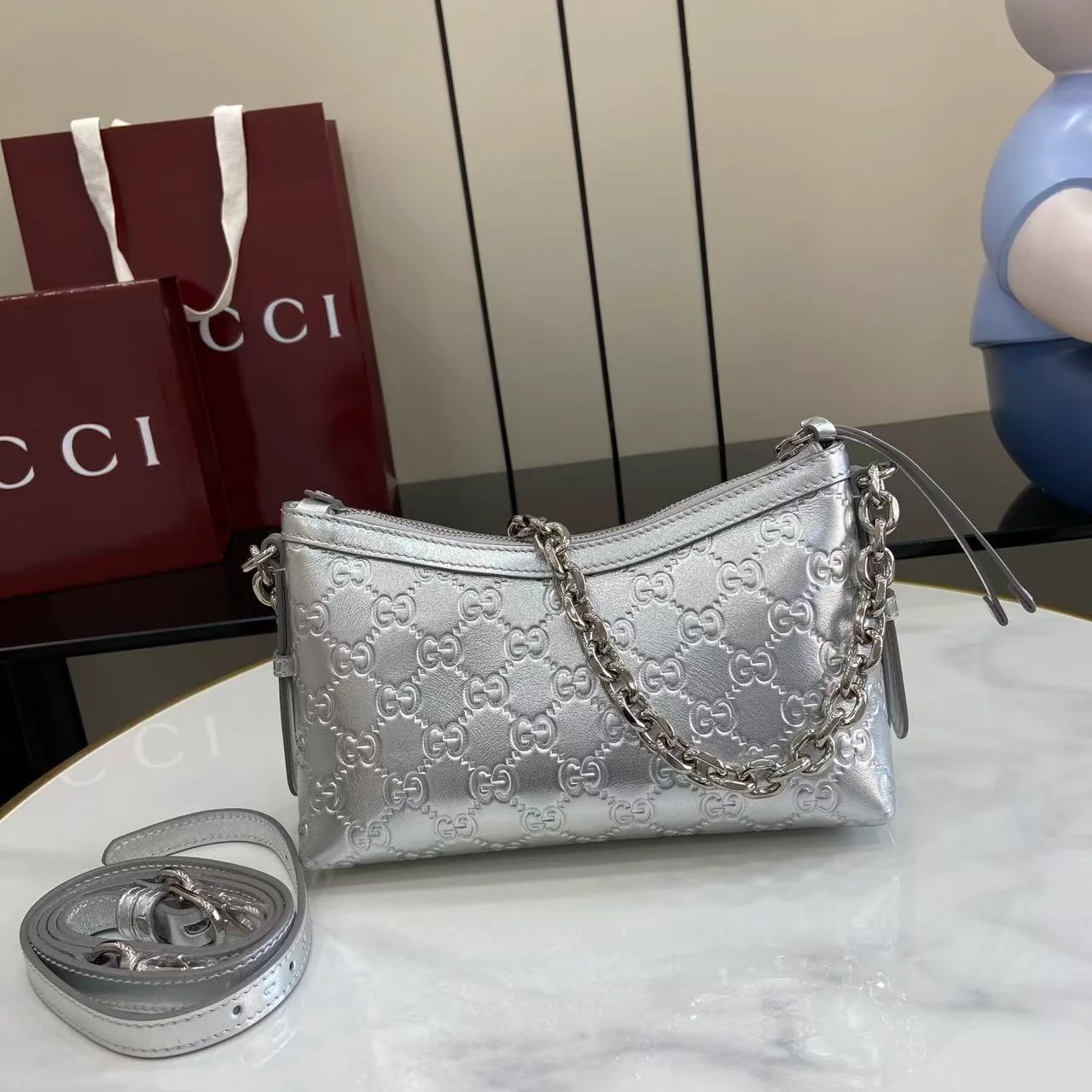 Real Leather Emblem Small Shoulder Bag