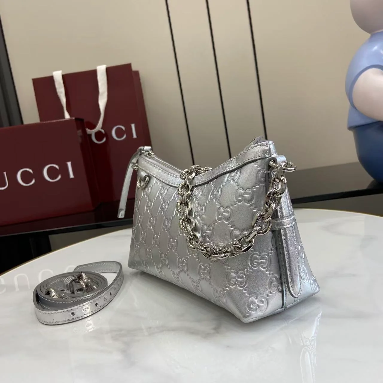 Real Leather Emblem Small Shoulder Bag