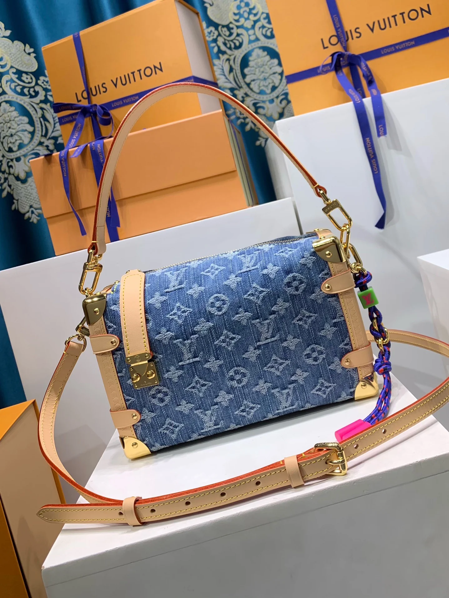 Real Leather and Denim Side Trunk Crossbody Bag