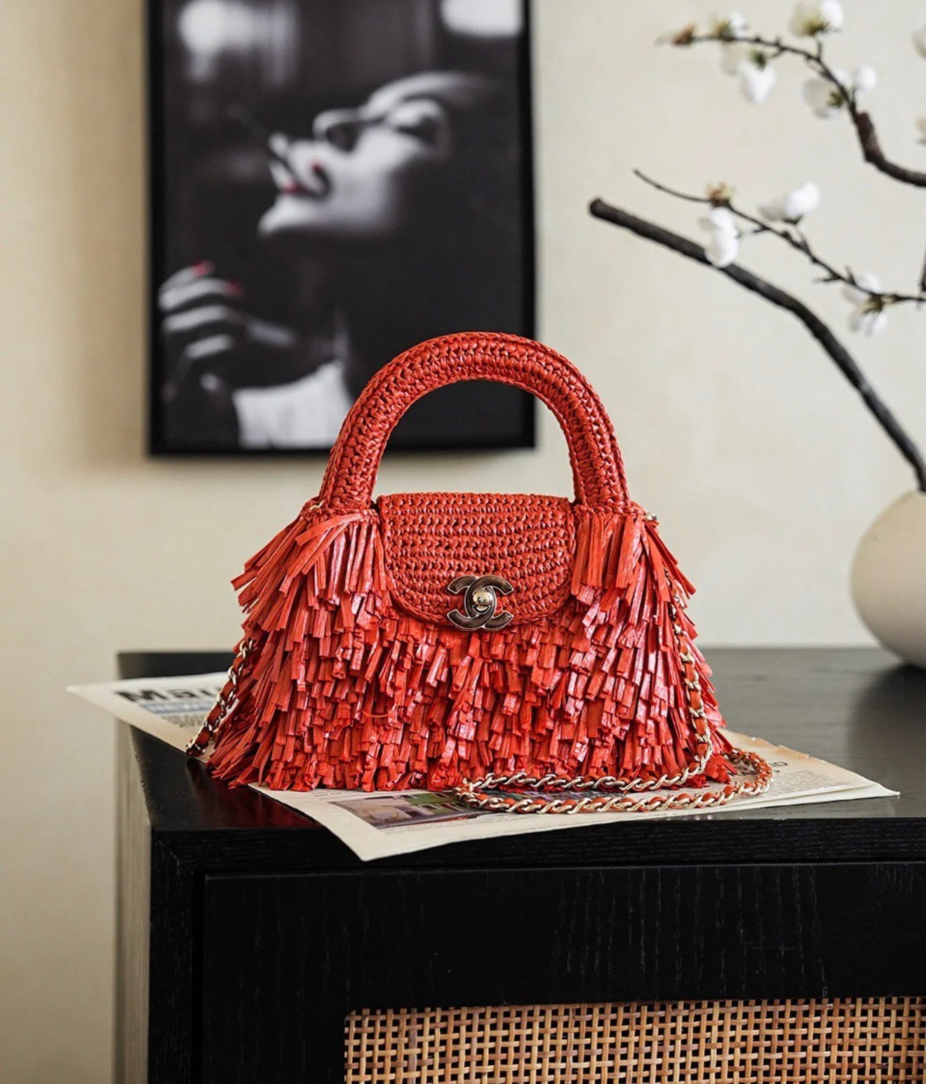 CC Mini Shopper – Real Leather & Raffia Crossbody Bag